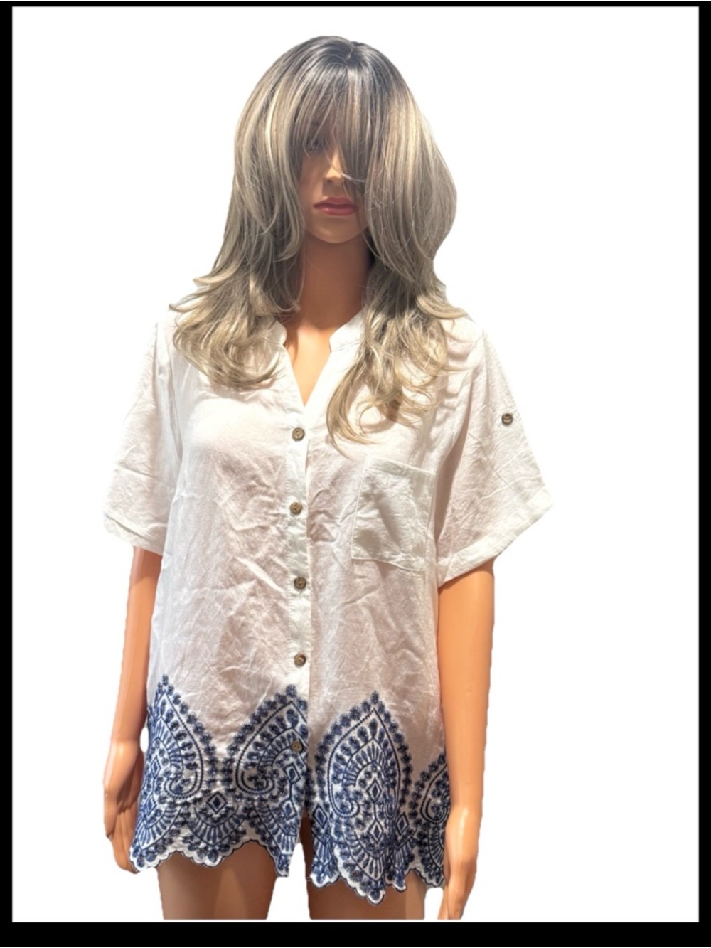 Sapphira White Blue Embroidered Boho Blouse XL Short Sleeve Button Top